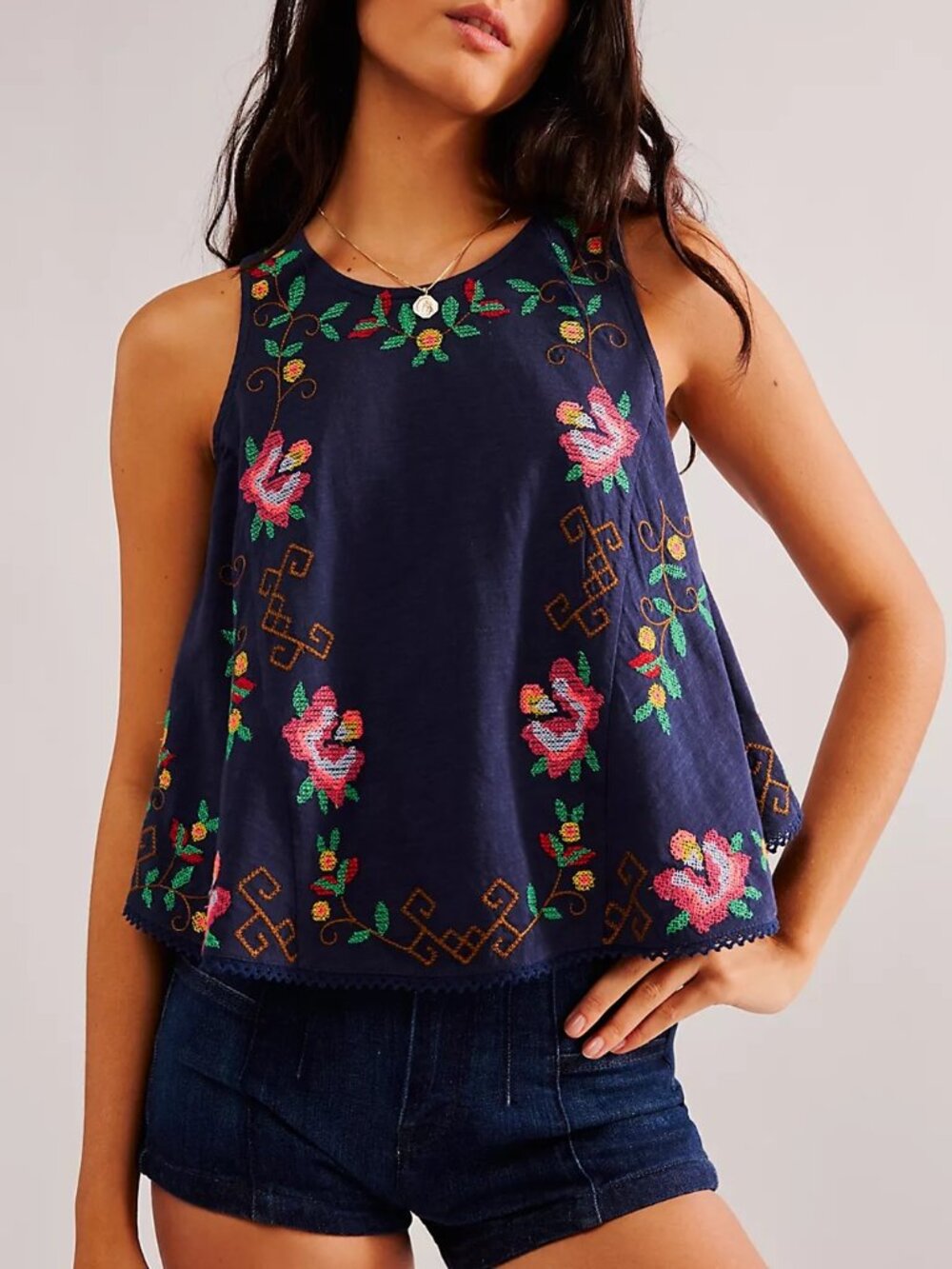 Free People Fun & Flirty Navy Embroidered Floral Top L